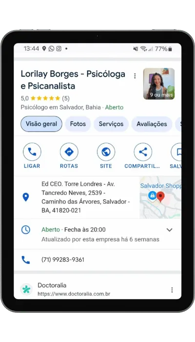 Perfil de uma psicóloga no Google Meu Negócio exibido no celular
