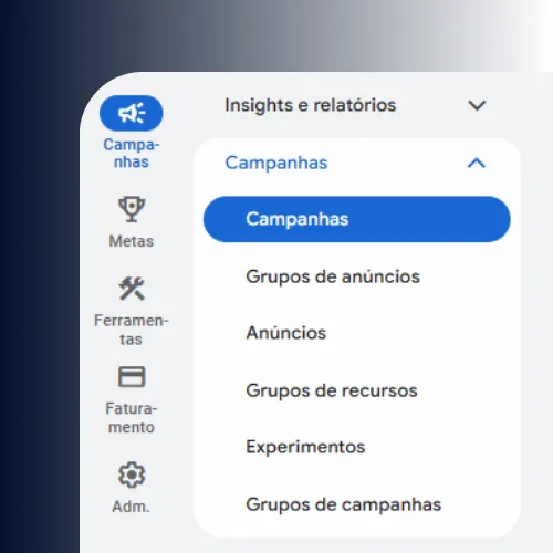 Menu de campanhas do painel do Google Ads